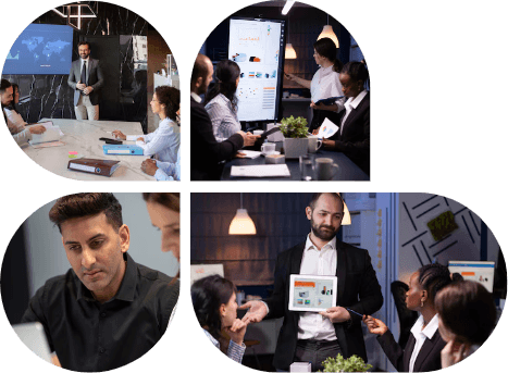 Corporate trainers and employees collaborating during a training session
